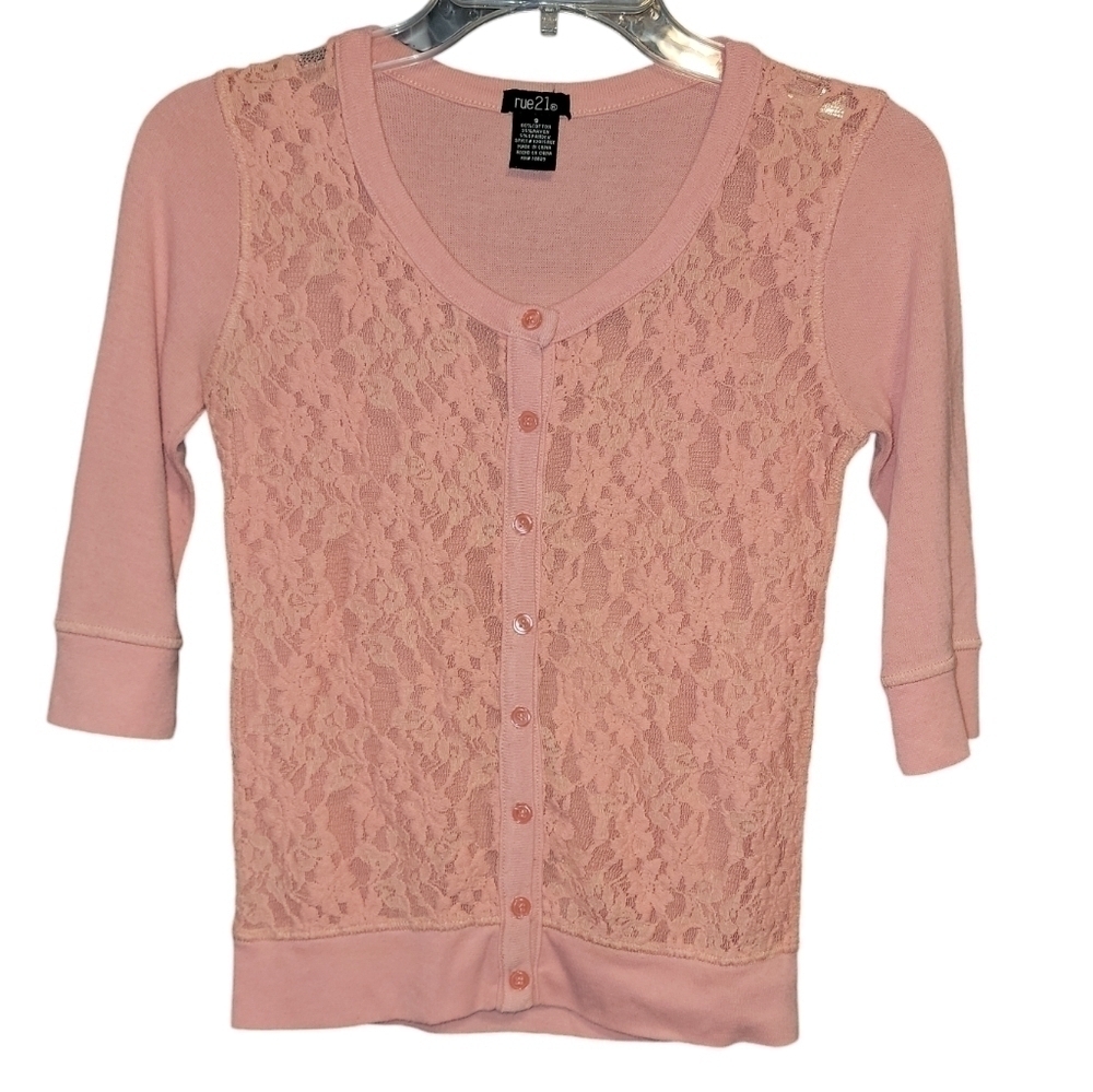 Rue21 size small pink button down 3/4 sleeve sweater shirt. Sheer floral print